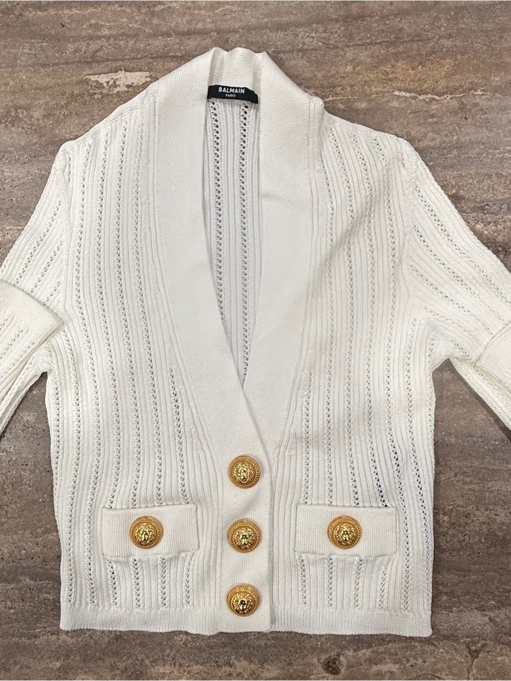 Balmain Cream Open-Knit Shawl Collar Cardigan with Gold Medallion Buttons